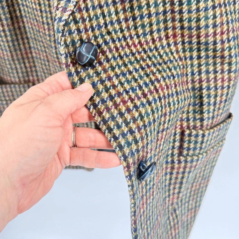 Vintage International Scene Wool Houndstooth Blazer Suede Collar Pocket Size 7/8